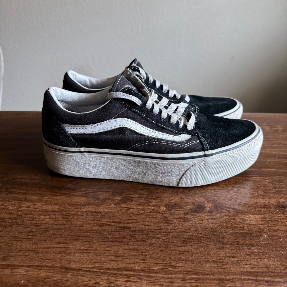 Vans Old Skool Platform Black White Suede Canvas Sneakers Womens 10